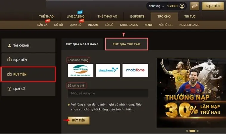 Giao diện rút tiền FastGame888