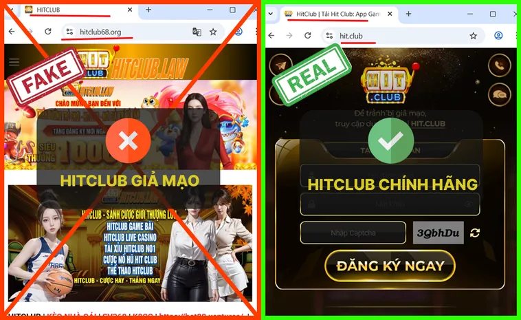 Trên logo thật Hit.Club, không có ký tự hay số thừa, trong khi logo giả Hit.Club đôi khi thêm “VIP” hoặc số khác.